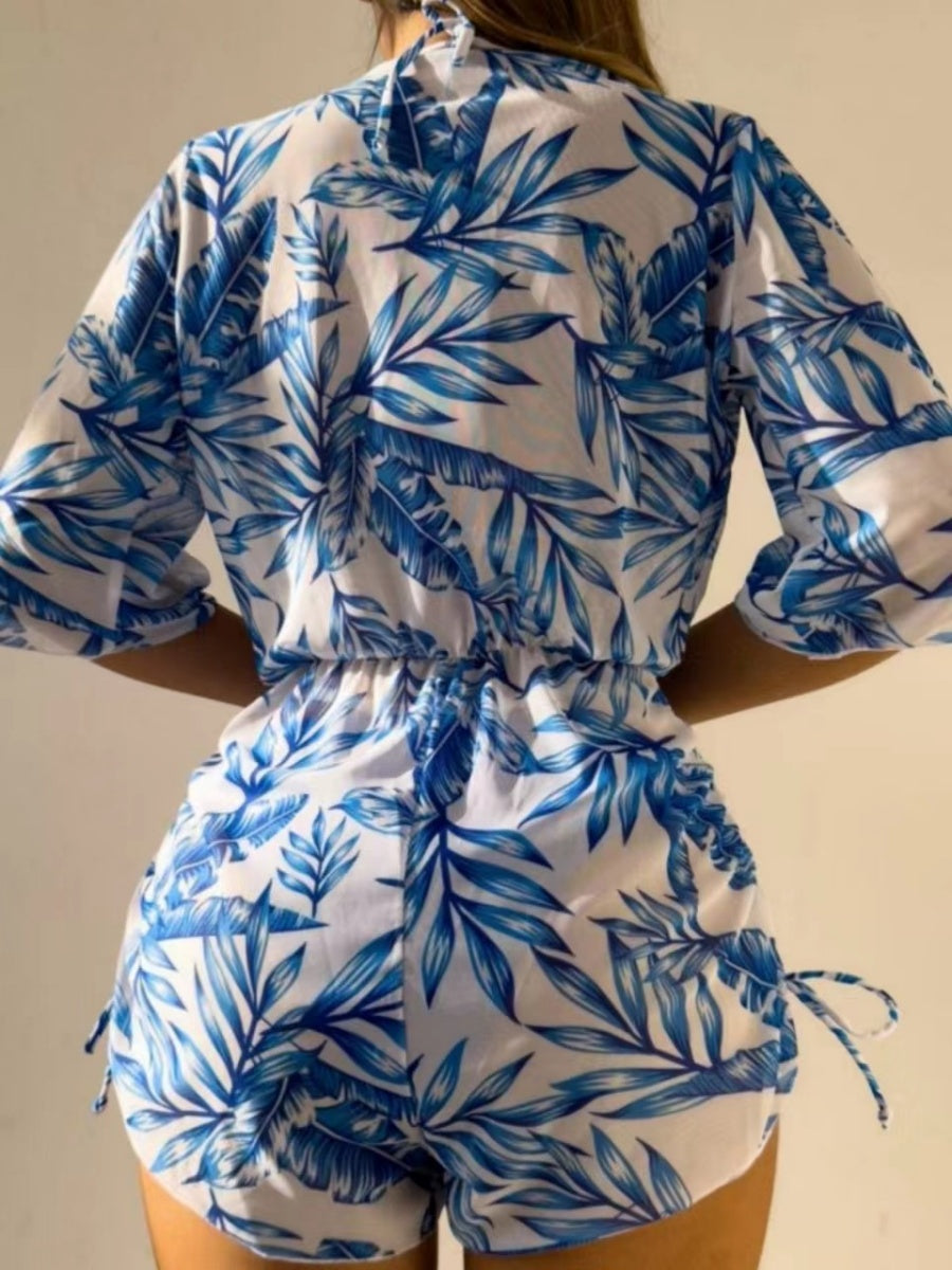 Leaf Print Waist-cinching Tie Long-sleeved Sun Protection Bikini Three-Piece Set