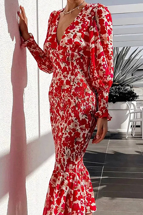 Floral Print Deep V-Neck Puff Sleeve Smocked Ruffle Hem Midi Dress