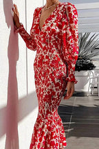 Floral Print Deep V-Neck Puff Sleeve Smocked Ruffle Hem Midi Dress