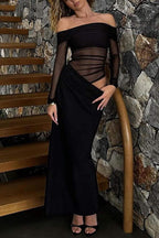 Off Shoulder Mesh Patchwork Ruched Maxi Dress