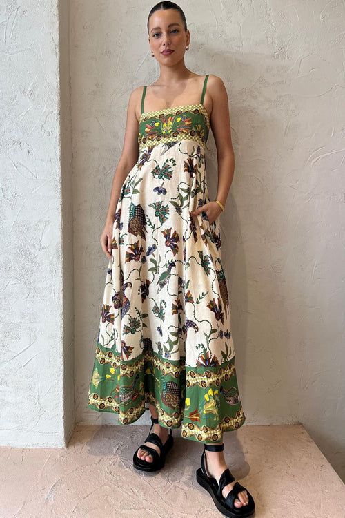 Spaghetti Strap Square Neck Illustrative Print Empire Waist Midi Dress