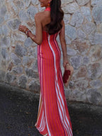 Stripes Cross-neck Sleeveless Fit Maxi Dresses