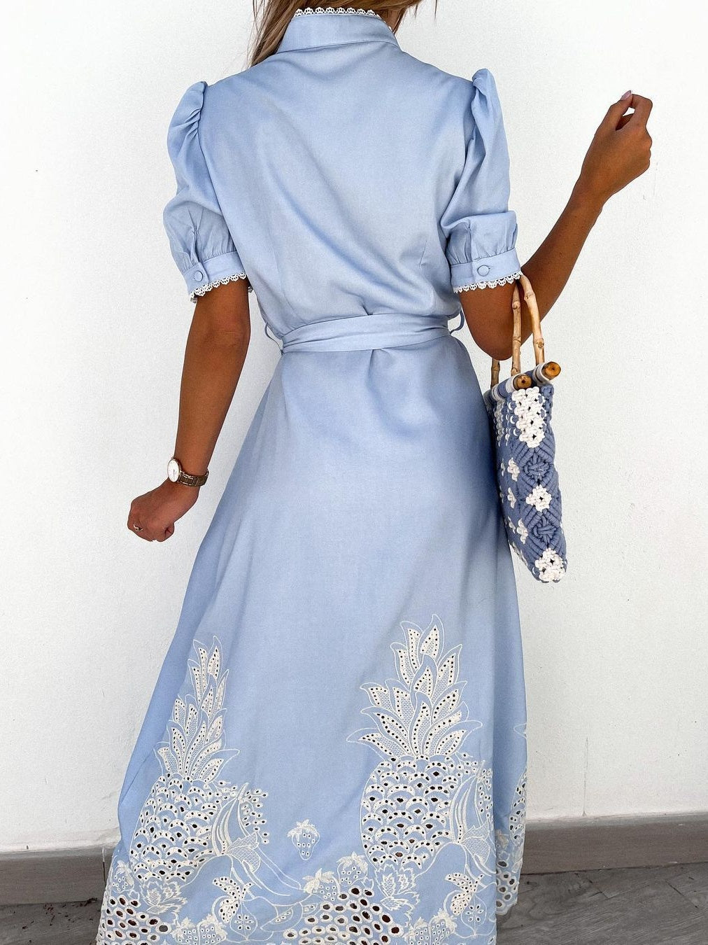 Hollow-out Short-sleeved Belted Long Dress