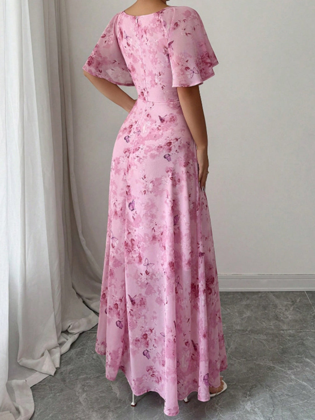 Butterfly Print Lotus Leaf Sleeves Pleated Slim Fit Maxi Dresses