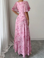 Butterfly Print Lotus Leaf Sleeves Pleated Slim Fit Maxi Dresses