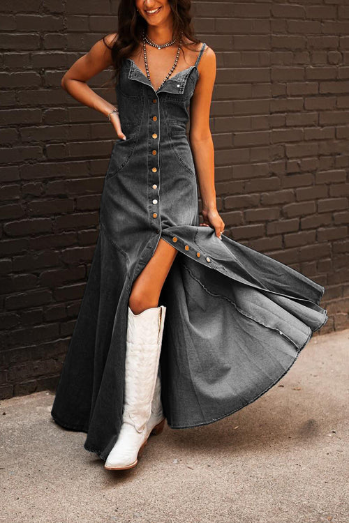 Denim Spaghetti Strap Button Front Pocket High Split Maxi Dress
