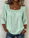 Lace Trim Cotton And Linen Square Neckline And Three-quarter Sleeves T-shirts