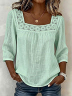 Lace Trim Cotton And Linen Square Neckline And Three-quarter Sleeves T-shirts