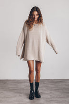 Waffle Knit Crew Neck Long Sleeve Side Slit Sweater Mini Dress