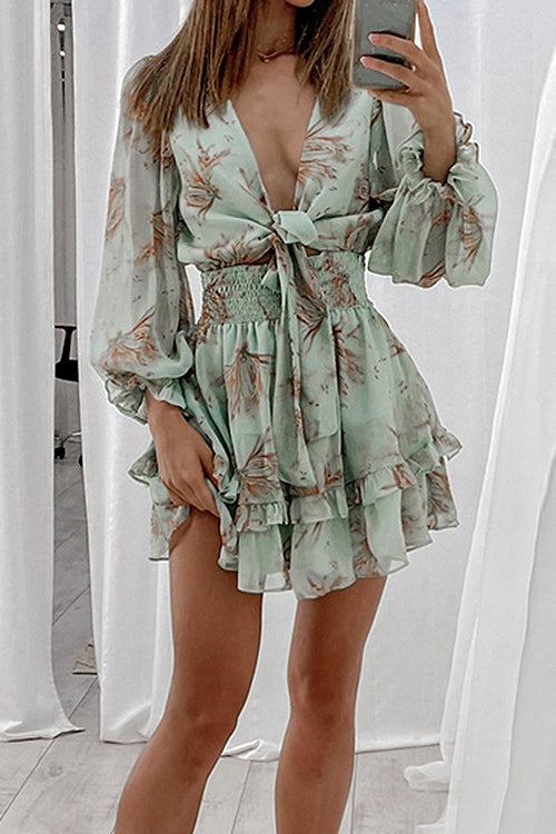 Tie Front Plunging V Neck Puff Sleeve Smocked Waist Tiered Ruffle Mini Dress