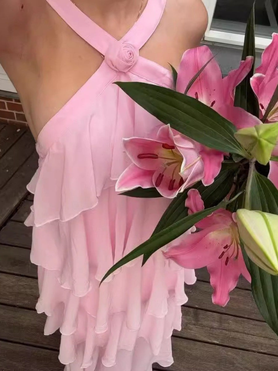 Halter Backless Cake Skirt Pink Yellow Maxi Dress