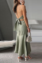 Halter Tie Knot Backless Ruffle Maxi Party Dress