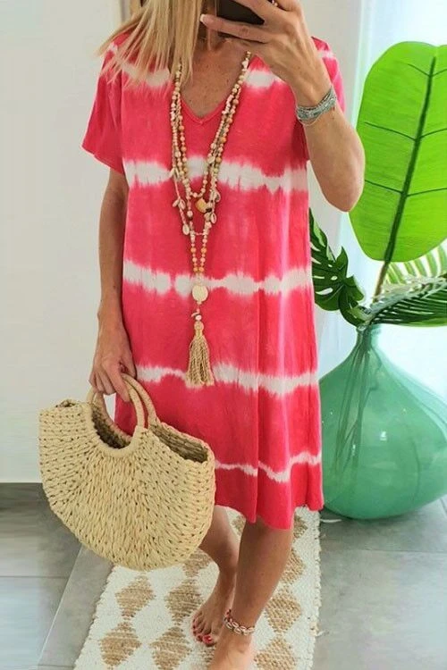 V Neck Short Sleeve Tie Dye Stripes T-shirt Dress