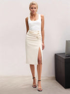 OL Attire Pleated Buttons Slit Skirts