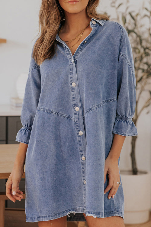 Denim Button Front Chevron Yoke Ruffle Cuff Shirt Mini Dress