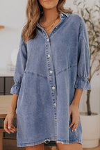 Denim Button Front Chevron Yoke Ruffle Cuff Shirt Mini Dress