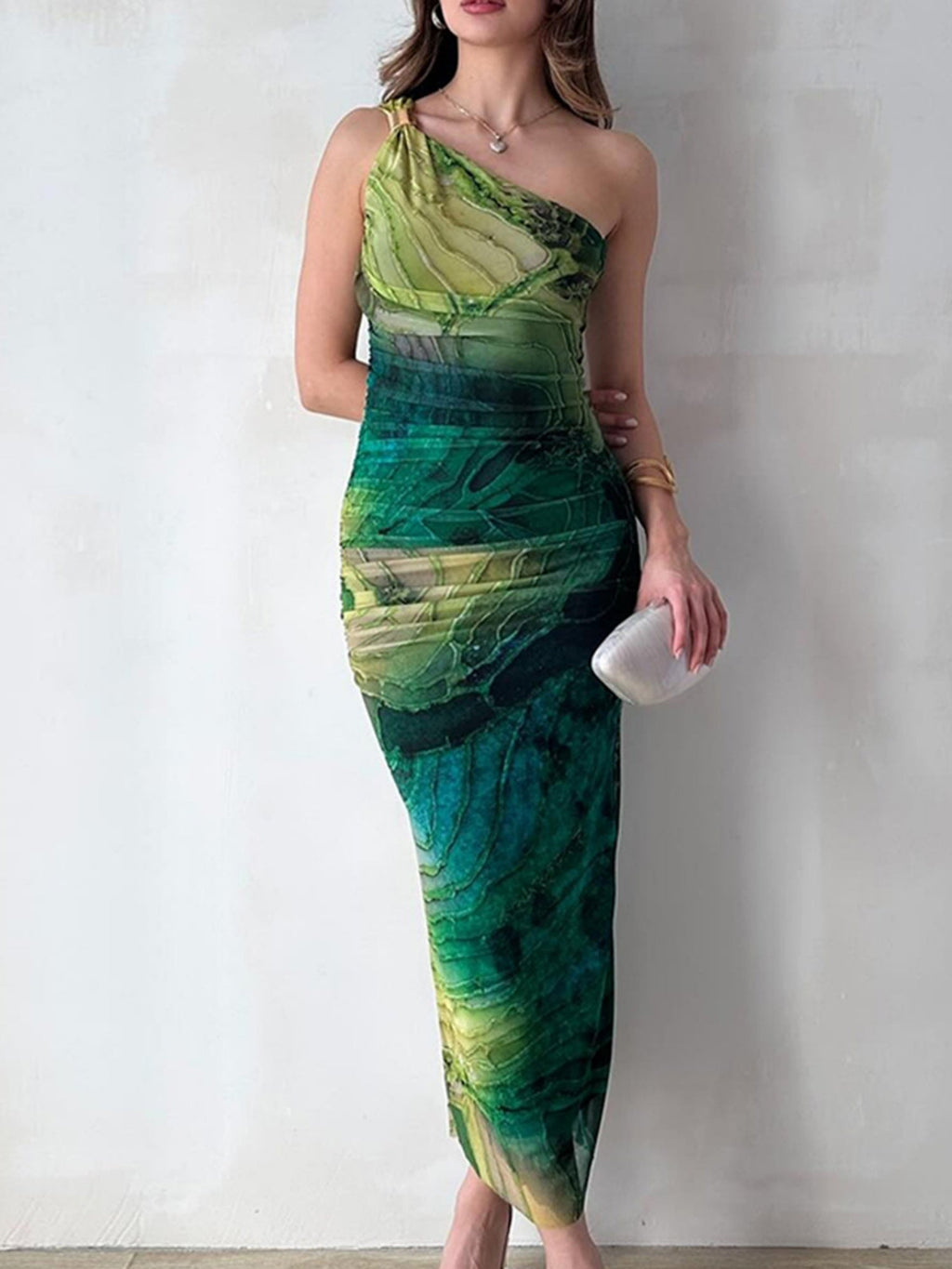 Printed Mesh Sloping Shoulders Maxi Dresses