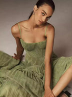 Sleeveless Deep V Slim Fit Pleated Camisoles Maxi Dresses