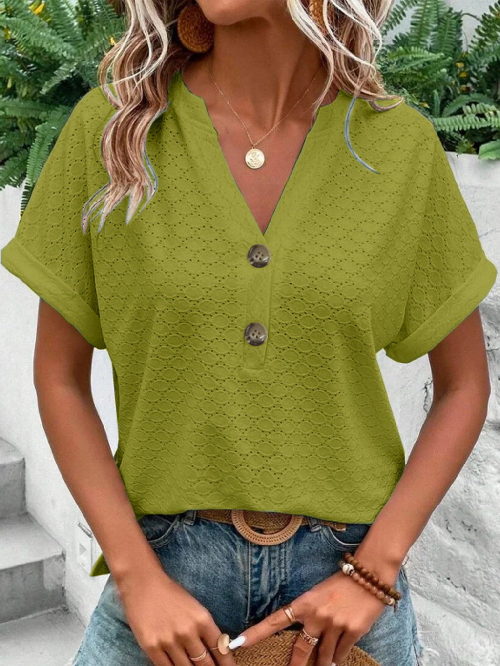 Knitting Buttons V-neck Short Sleeve T-shirts
