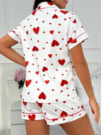 Heart-print Cardigan With Collar And Button-down Short Sleeves And Shorts, Two-piece Loungewear Set