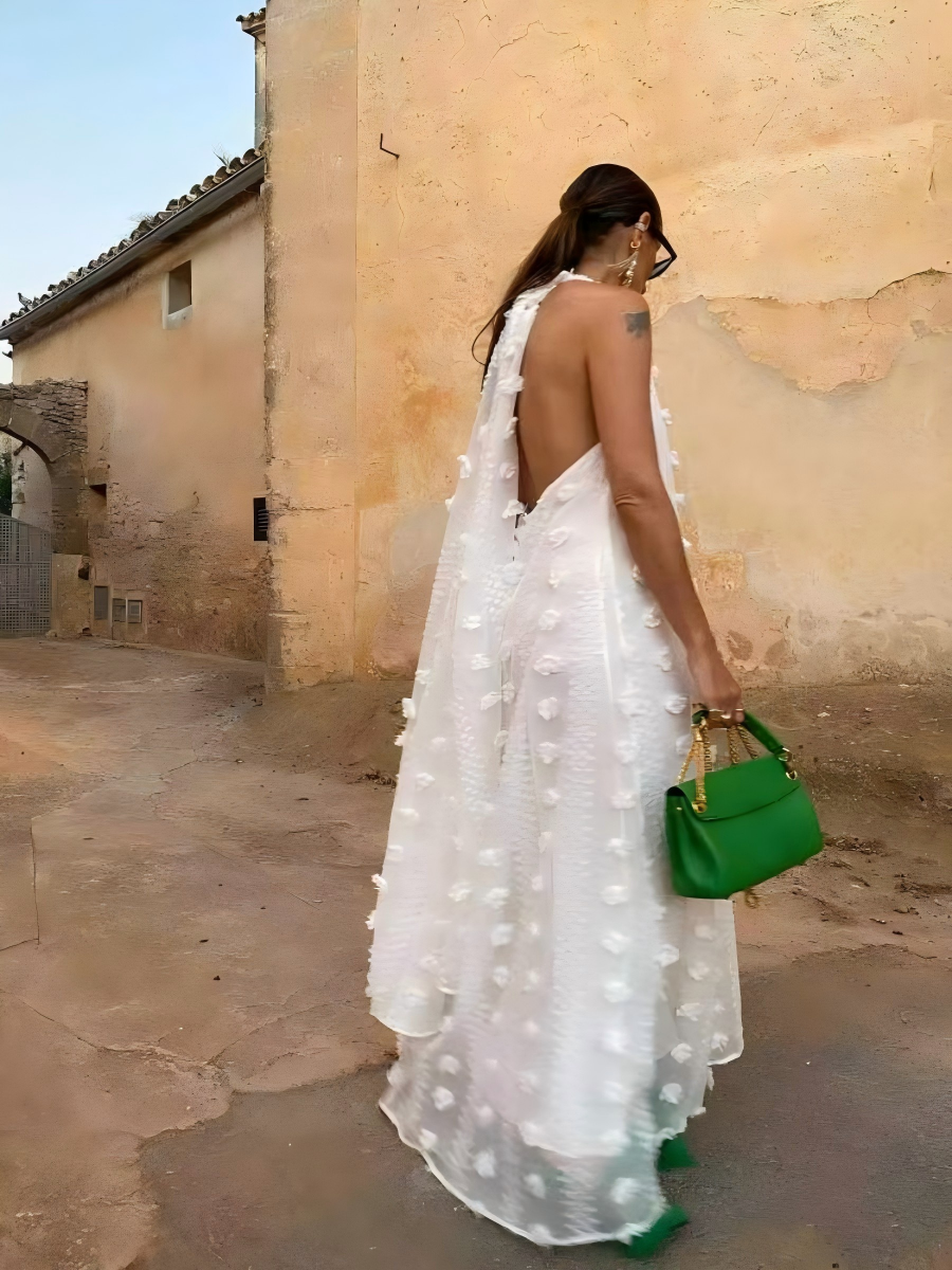 Halter-neck V-neck Long Dress With Flowing Ribbons