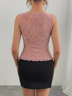 Flocking Mesh Pink Lace V-neck Tank Tops