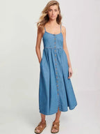 Denim Pocket Buttons Camisoles Maxi Dresses