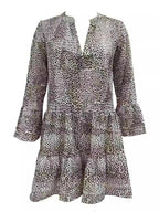Leopard Print V-neck Long Sleeves Large Skirt Mini&Short Dresses