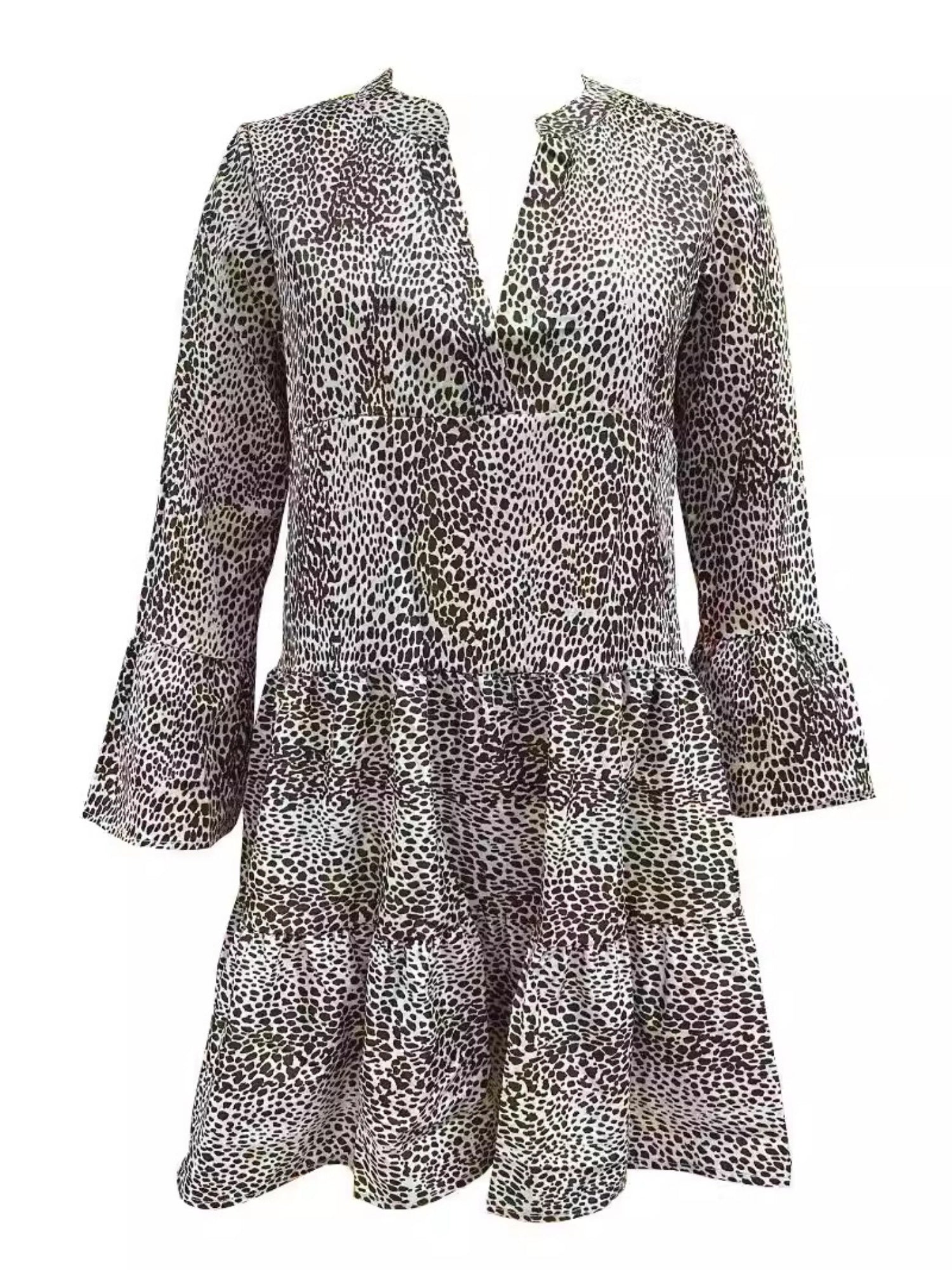 Leopard Print V-neck Long Sleeves Large Skirt Mini&Short Dresses
