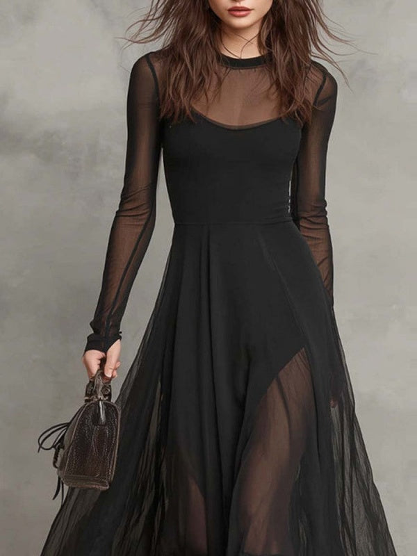 Splicing Solid Color Patchwork Long-sleeved Fishtail Maxi Dresses