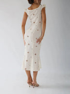 Floral Eyelet Keyhole Scoop Neck Cap Sleeve Trumpet Midi Dress
