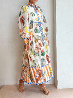 Tropical Fruit Seafood Print Collared Lantern Sleeve Tie Waist Maxi Shirt Dress