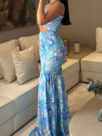 Lace Up Printed Hollow Bare Waist Exclusive Maxi Dresses
