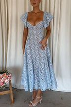 V Neck Flare Sleeves Floral Lace Midi Dress