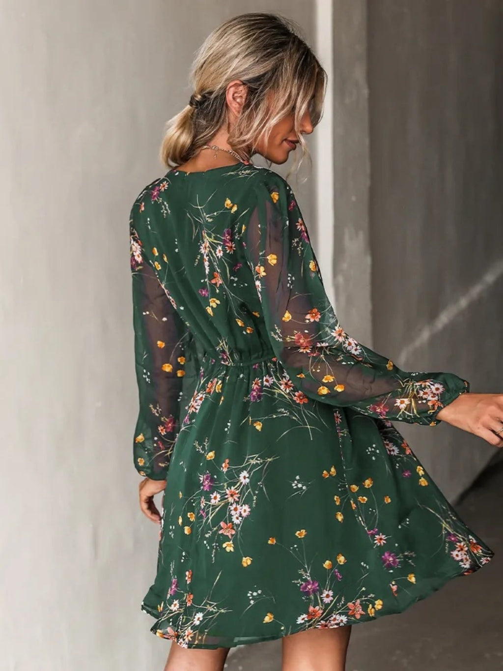 Printed Chiffon V-neck Sheer Long Sleeves Mini&Short Dresses