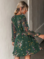 Printed Chiffon V-neck Sheer Long Sleeves Mini&Short Dresses