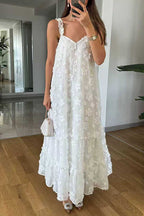 V Neck Sleeveless Flower Applique Ruffle Maxi Dress