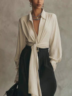 Women's Two-piece Set With A Blouse And Belt, Featuring A Flowing, Casual Style With Wide-leg Pants.