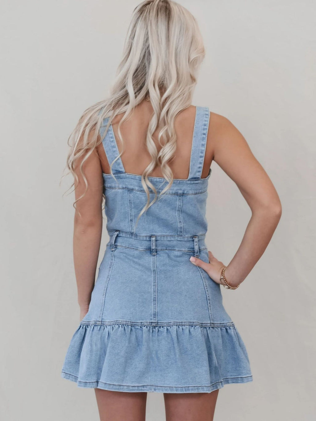 Denim Ruffle Buttons Spaghetti Strap Waist Mini&Short Dresses