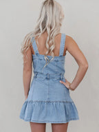 Denim Ruffle Buttons Spaghetti Strap Waist Mini&Short Dresses
