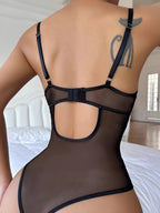 Leopard Print Mesh See-through Spaghetti Strap Backless Bodysuits