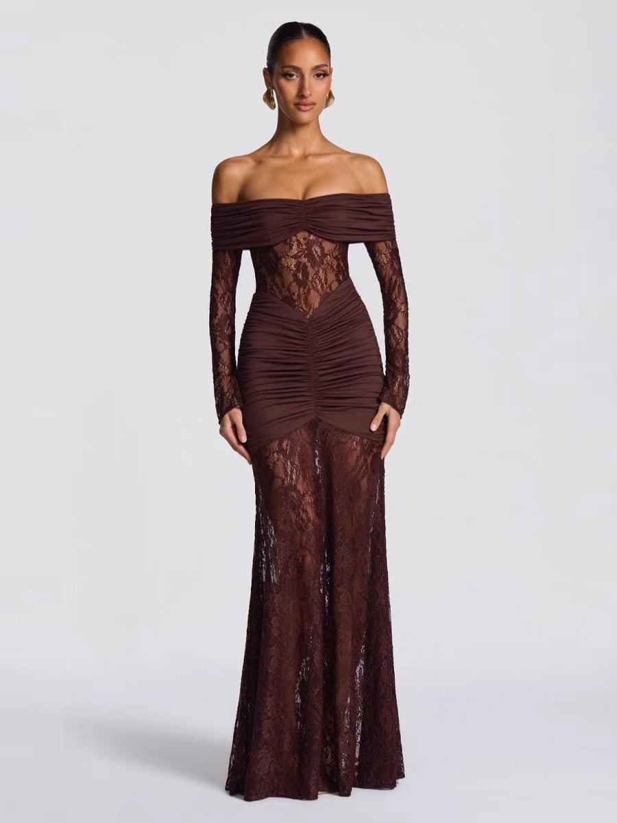 Off Shoulder Hollow Lace Splicing Long Sleeve Hip-hugging Maxi Dresses