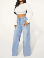 High-waisted Drawstring Loose Wide-leg Jeans