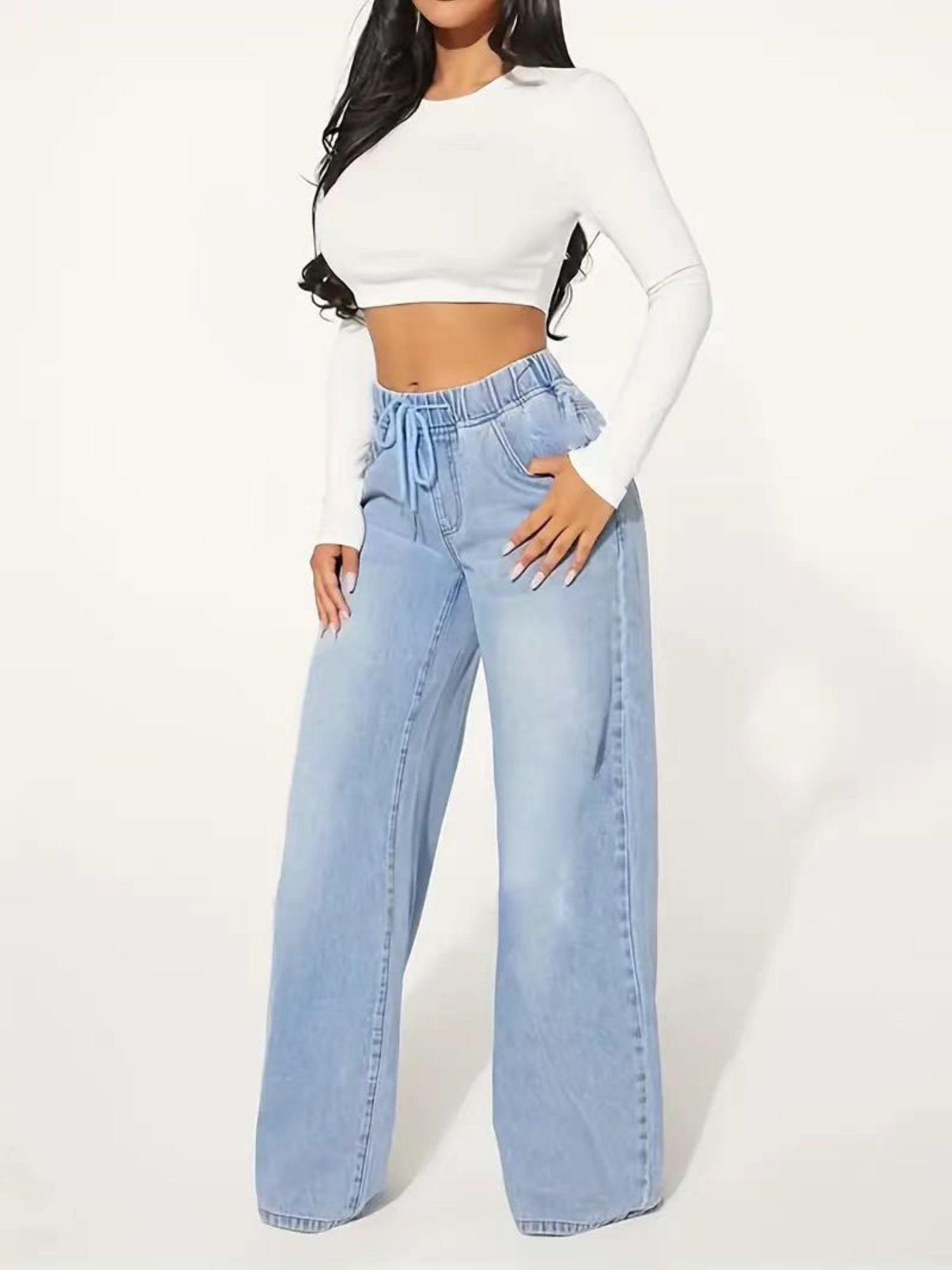 High-waisted Drawstring Loose Wide-leg Jeans