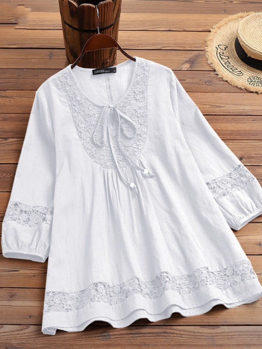 Tie-up Cotton And Linen Patchwork Lace Three-quarter Sleeve T-shirt
