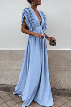 Deep V-Neck Tiered Ruffle Flutter Sleeve Gathered Maxi Gown