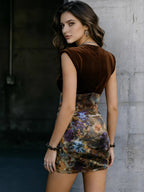 Lace Trim Splicing Velvet Print Sleeveless Temperament Commuting Mini&Short Dresses