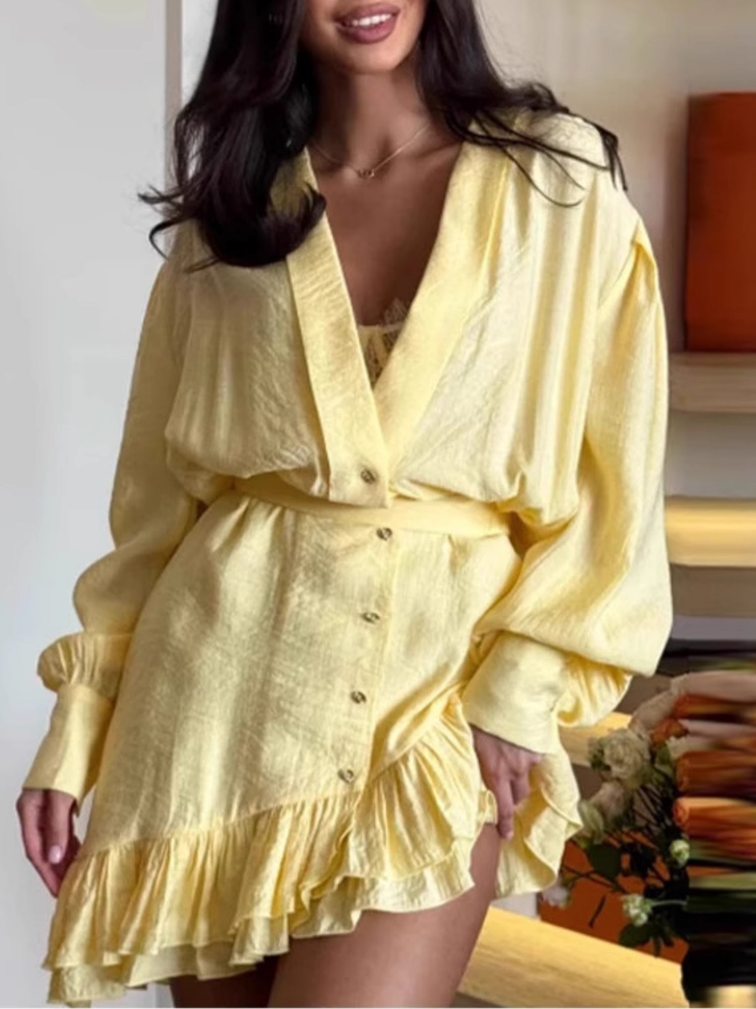 Ruffle Pleated V-neck Long Sleeve Mini&Short Dresses