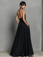 Halter Solid Color Backless Sleeveless Long Vacation Style Dress
