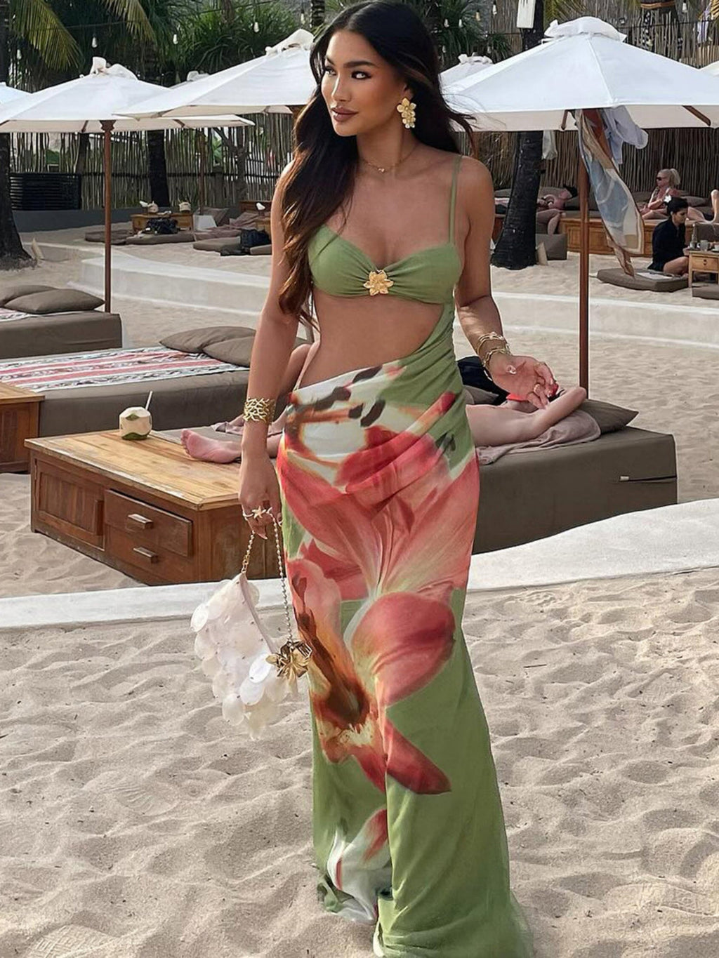 Printed Color Blocking Backless And Navel Exposed Strapless Bra Maxi Dresses
